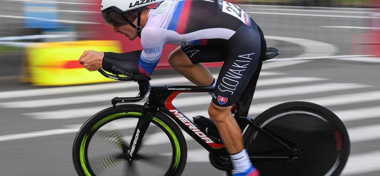 Slovakia's Lukas Kubis competes in the men's cycling road individual time trial during the Tokyo 2020 Olympic Games at the Fuji International Speedway in Oyama, Japan, on July 28, 2021.  
Greg Baker / AFP