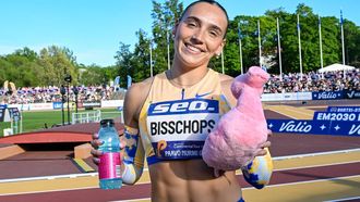 epa13013649 Minke Bisschops of Netherlands celebrates after the Women 100m final event at the Paavo Nurmi Games athletics meeting in Turku, Finland, 03 June 2026.  EPA/KIMMO BRANDT