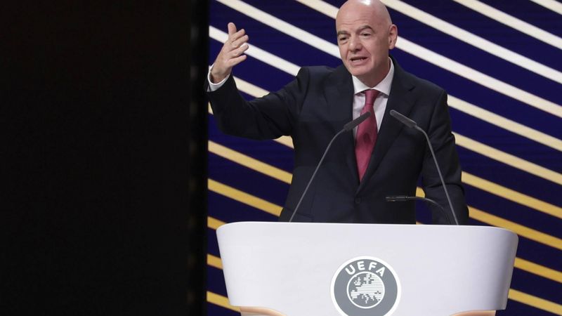 epa12730363 FIFA President Gianni Infantino delivers a speech during the 50th UEFA Ordinary Congress in Brussels, Belgium, 12 February 2026.  EPA/CHRISTOPHER NEUNDORF
