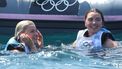 epa11518216 Odile van Aanholt (L) and Annette Duetz of the Netherlands celebrate after the Women's 49erFX class medal race of the Sailing events in the Paris 2024 Olympic Games, at the Marseille Marina in Marseille, France, 02 August 2024.  EPA/SEBASTIEN NOGIER