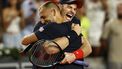 epa11510531 Andy Murray (R) and Daniel Evans of Britain celebrate winning the second round match between Britain and Belgium at the Tennis competitions in the Paris 2024 Olympic Games, at the Roland Garros in Paris, France, 30 July 2024.  EPA/RITCHIE B. TONGO