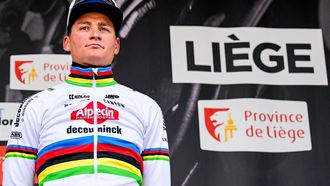 Alpecin-Deceuninck's Dutch rider Mathieu van der Poel reacts on the podium at the end of the Liege-Bastogne-Liege one day cycling race, 254,5 km round-trip from Liege to Liege via Bastogne, on April 21, 2024. 
DIRK WAEM / Belga / AFP