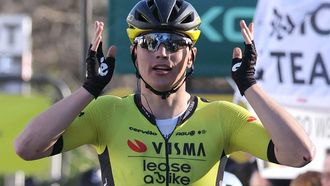 Team Visma-Lease a Bike's Dutch cyclist Olav Kooij celebrates crossing the finish line to win the 5th stage of the Paris-Nice cycling race, 193,5 km between Saint-Sauveur-de-Montagut and Sisteron, on March 7, 2024. 
Thomas SAMSON / AFP