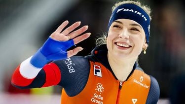HAMAR - Joy Beune (Nederland) reageert na het winnen van de 1500 meter vrouwen op de laatste dag van het WK afstanden in het Noorse Hamar. ANP SEM VAN DER WAL