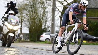 Alpecin-Deceuninck's Dutch rider Mathieu van der Poel competes during the 'E3 Saxo Bank Classic' one day cycling race, 208,8 km from and to Harelbeke on March 28, 2025. 
DIRK WAEM / Belga / AFP
