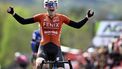Fenix-Deceuninck team's Dutch rider Puck Pieterse celebrates after winning the women's 