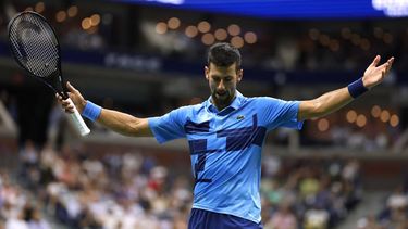 Serbia's Novak Djokovic reacts during his men's singles second round tennis match against Serbia's Laslo Djere on day three of the US Open tennis tournament at the USTA Billie Jean King National Tennis Center in New York City, on August 28, 2024. 
CHARLY TRIBALLEAU / AFP