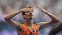 Netherlands' Stefan Nillessen celebrates after crossing the finish line in the men's 1500m heat of the athletics event at the Paris 2024 Olympic Games at Stade de France in Saint-Denis, north of Paris, on August 2, 2024. 
Jewel SAMAD / AFP