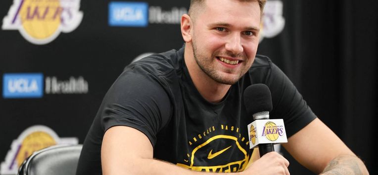 Slovenian professional basketball player Luka Doncic speaks to reporters during the Los Angeles Lakers media day at UCLA Health Training Center El Segundo, California on September 29, 2025. 
Patrick T. Fallon / AFP