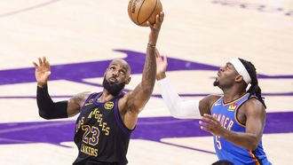 epa12948870 Los Angeles Lakers forward LeBron James (L) goes for the ball while guarded by Oklahoma City Thunder guard Luguentz Dort (R) during the second half of the NBA Playoffs western conference semifinals game four between the Los Angeles Lakers and Oklahoma City Thunder at Crypto.Com Arena in Los Angeles, California, USA, 11 May 2026.  EPA/CHRIS TORRES  SHUTTERSTOCK OUT