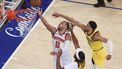 epa12124435 The Knicks' Jalen Brunson (L) drives to basket as the Pacers’ Tyrese Haliburton (R) and Myles Turner (C) defend during the second half of game one of the Eastern Conference finals between the Indiana Pacers and the New York Knicks at Madison Square Garden in New York, New York, USA, 21 May 2025.  EPA/JUSTIN LANE  SHUTTERSTOCK OUT