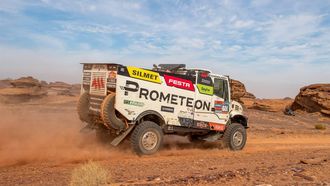 epa11814877 Martin Macik of Czechia, Frantisek Tomasek of Czechia, and David Svanda of Czechia compete with their Iveco PowerStar for MM Technology
during Stage 5 of the 2025 Dakar Rally from AlUla to Hail, Saudi Arabia, 09 January 2025.  EPA/Gerard Laurenssen