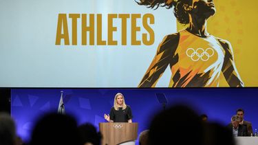 International Olympic Committee President (IOC) Kirsty Coventry delivers her speech at the opening of an IOC session, in Lausanne, on June 24, 2026. 
Fabrice COFFRINI / AFP