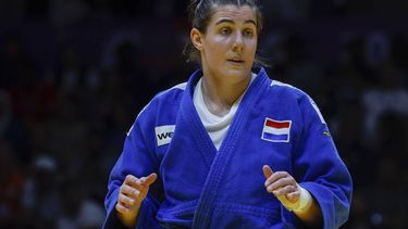 The Netherlands' Guusje Steenhuis competes with China's Ma Zhenzhao (not pictured) in their women's -78Kg bronze medal bout at the World Judo Championship in Doha on May 12, 2023. 
KARIM JAAFAR / AFP