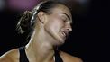 2023-11-06 01:10:34 Belarus' Aryna Sabalenka gestures during a pause while competing against Poland's Iga Swiatek during their women's singles semifinal tennis match at the WTA Finals Championship in Cancun, Mexico on November 5, 2023.  
CLAUDIO CRUZ / AFP