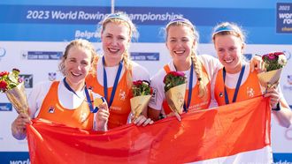 2023-09-09 15:12:20 BELGRADO - Marloes Oldenburg, Hermijntje Drenth, Tinka Offereins en Benthe Boonstra in actie tijdens de finale vrouwen vierzonder op de zevende dag van de wereldkampioenschappen roeien in de Servische hoofdstad Belgrado. ANP IRIS VAN DEN BROEK