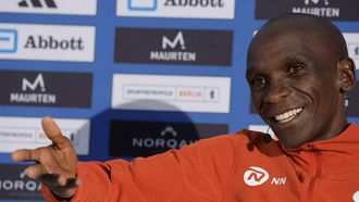 2023-09-22 12:10:40 Kenya's world record holder Eliud Kipchoge addresses a press conference on September 22, 2023 in Berlin, during the presentation of the men's elite runners of the Berlin Marathon scheduled to take place on September 24, 2023. 
Odd ANDERSEN / AFP