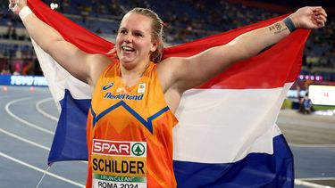 Netherlands' athlete Jessica Schilder celebrates after winning the women's shot put final during the European Athletics Championships at the Olympic stadium in Rome on June 7, 2024. 
Anne-Christine POUJOULAT / AFP