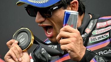Aprilia Racing's Spanish rider Jorge Martin celebrates on the podium after winning the Moto GP Grand Prix of France Sprint race at Le Mans, northwestern France, on May 9, 2026. 
Loic VENANCE / AFP