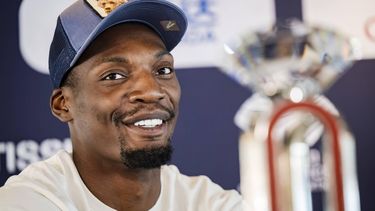 epa11557735 Sprinter Fred Kerley of the USA attends a press conference ahead of the Athletissima athletics Diamond League meeting, in Lausanne, Switzerland, 21 August 2024.  EPA/JEAN-CHRISTOPHE BOTT