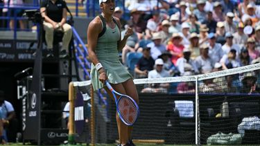 US player Madison Keys reacts to winning the first set against Germany's Tatjana Maria during their women's final tennis match on day six of the Lexus Eastbourne Open at Devonshire Park, Eastbourne, on the south coast of England on June 27, 2026. 
Glyn KIRK / AFP