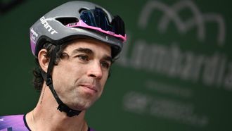 Team Jayco AlUla’s Australian rider	Michael Matthews looks on from the sign-in podium ahead of the 119th edition of the Giro di Lombardia (Tour of Lombardy), a 238km cycling race from Como to Bergamo on October 11, 2025. 
Marco BERTORELLO / AFP