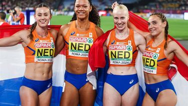 ROME - (l-r) Nadine Visser, Tasa Jiya, Marije van Hunenstijn, Minke Bisschops vieren de derde plek op de 4x100 meter vrouwen finale op de slotdag van de Europese kampioenschappen atletiek. ANP IRIS VAN DEN BROEK