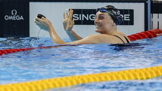 epa12274423 Marrit Steenbergen of Netherlands reacts after competing in the Women's 100m Freestyle heats at the World Aquatics Championships Singapore 2025 in Singapore, 31 July 2025.  EPA/RUNGROJ YONGRIT