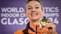 Gold medallist Netherlands' Femke Bol celebrates on the podium after competing in the Women's 400m final during the Indoor World Athletics Championships in Glasgow, Scotland, on March 2, 2024. 
Ben Stansall / AFP