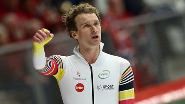epa11205298 Mathias Voste of Belgium gestures after the Men’s 1000m event at the ISU Speed Skating Allround World Championships in Inzell, Germany, 07 March 2024.  EPA/ANNA SZILAGYI