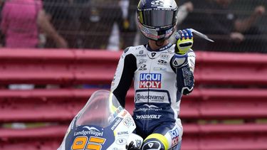 epa11522116 Dutch Collin Veijer of LIQUI MOLY Husqvarna Intact GP during the Moto3 Qualifying session at the Motorcycling Grand Prix of Great Britain at the Silverstone race track, Britain, 03 August 2024.  EPA/TIM KEETON