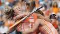 epa10821381 Netherlands Joosje Burg (C) celebrates with teammates after scoring the 3-1 lead during the women’s final match Netherlands vs Belgium at the EuroHockey Championships 2023 in Moenchengladbach, Germany, 26 August 2023.  EPA/RONALD WITTEK