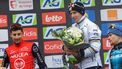 epa12049381 (L-R) French rider Kevin Vauquelin of Team Arkea–B&B Hotels, first placed Slovenian cyclist Tadej Pogacar of UAE Team Emirates XRG, and third placed British rider Thomas Pidcock of Q36.5 Pro Cycling Team pose on the podium for the La Fleche Wallonne one-day cycling classic race for Elite Men over 205,2 km from Ciney to Huy, Belgium, 23 April 2025.  EPA/OLIVIER MATTHYS