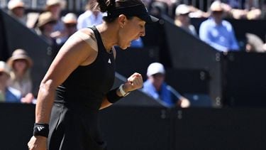 USA's Jessica Pegula reacts as she plays against Poland's Iga Swiatek (not pictured) during their final match of the 2025 WTA Bad Homburg Open Tennis Tournament on June 28, 2025 in Bad Homburg, western Germany. 
Kirill KUDRYAVTSEV / AFP