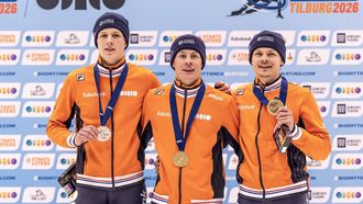 TILBURG -  Jens Van't Wout (NED), Teun Boer (NED), Melle van 't Wout (NED) vieren winst met medailles goud tijdens de finale 500 meter tijdens de tweede dag van de Europese kampioenschappen shorttrack. Dit EK was een laatste krachtmeting voor de shorttrackers op weg naar de Olympische Spelen van Milaan. IRIS VAN DEN BROEK / ANP