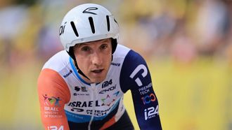 epa10753699 Canadian rider Michael Woods of team Israel-Premier Tech in action during the 16th stage of the Tour de France 2023, a 22.4kms individual time trial (ITT) from Passy to Combloux, France, 18 July 2023.  EPA/CHRISTOPHE PETIT TESSON