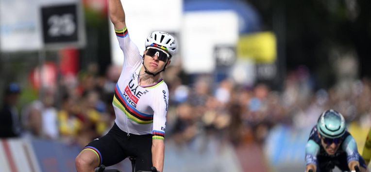 epa12921846 Tadej Pogacar from Slovenia of UAE Team Emirates XRG celebrates winning the 1st stage of the Tour de Romandie over 171.2km from Martigny to Martigny, Switzerland, 29 April 2026.  EPA/LAURENT GILLIERON