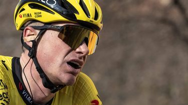 Second-placed Team Visma Lease a Bike, British Ben Tulett reacts after crossing the finish line of the 106th edition of the one-day classic cycling race Milan - Torino between Rho, west of Milan, and Superga, east of Torino, on March 19, 2025. 
MARCO BERTORELLO / AFP