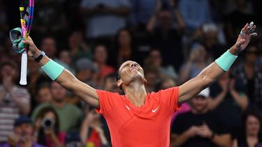 epa11053259 Rafael Nadal of Spain celebrates winning against Dominic Thiem of Austria on Day 3 of the 2024 Brisbane International tennis tournament in Brisbane, Australia, 02 January 2024.  EPA/JONO SEARLE  AUSTRALIA AND NEW ZEALAND OUT      EDITORIAL USE ONLY  EDITORIAL USE ONLY