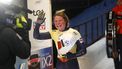 epa11120972 Kimberley Bos of Netherlands celebrates after finishing the women's Skeleton race at the IBSF Bob & Skeleton World Cup in Sigulda, Latvia, 02 February 2024.  EPA/TOMS KALNINS