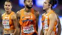 BIRMINGHAM - (l-r) Britt de Blaauw, Xavi Mo-Ajok, Jaimie Omalla, Fenna Achterberg na afloop van de 4x100 Mixed Relay tijdens de slotdag van de EK atletiek. IRIS VAN DEN BROEK / ANP