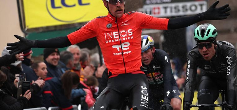 INEOS Grenadiers' French rider Dorian Godon celebrates as he crosses the finish line to win the 7th stage of the Paris-Nice cycling race, 47 km between Le Broc and Isola-Village, on March 14, 2026. Due to deteriorating weather conditions, the route of stage 7 has been changed to a 47 km race from Le Broc to Isola.
Anne-Christine POUJOULAT / AFP