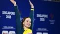 Gold medallist Australia's swimmer Mollie O'Callaghan celebrates on the podium of the women's 200m freestyle swimming event during the 2025 World Aquatics Championships in Singapore on July 30, 2025.  
MANAN VATSYAYANA / AFP