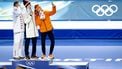 MILAAN - Vladimir Semirunniy uit Polen, Metodej Jilek uit Tsjechië en Jorrit Bergsma tijdens de medailleceremonie van de 10.000 meter bij het langebaanschaatsen in het Milano Speed Skating Stadium op de Olympische Winterspelen van Milaan.ROBIN VAN LONKHUIJSEN / ANP