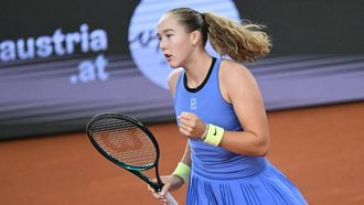 Mirra Andreeva reacts as she plays against Austria's Anastasia Potapova (not pictured) during their women's single final match of the WTA Upper Austria Women's Linz tennis tournament in Linz, Austria on April 12, 2026. 
BARBARA GINDL / APA / AFP