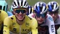 UAE Team Emirates XRG's Slovenian rider Tadej Pogačar wearing the overall leader's yellow jersey (L) cycles during the 8th and final stage of the 77th edition of the Criterium du Dauphine cycling race, 133,3 km between Val-d'Arc and Val-Cenis - Plateau du Mont Cenis, on June 15, 2025. 
Anne-Christine POUJOULAT / AFP