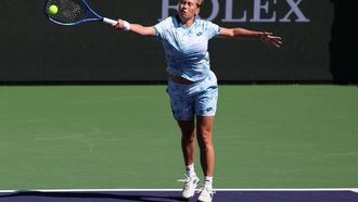 Netherland’s Demi Schuurs plays during the women’s doubles final match at the BNP Paribas Open at the Indian Wells Tennis Garden in Indian Wells, California on March 15, 2025. 
Patrick T. Fallon / AFP