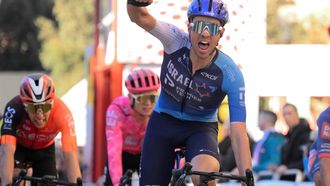 Israel Premier Tech team's Ethan Vernon celebrates crossing first the finish line of the 2nd stage of the 2025 Volta a Catalonya cycling tour of Catalonya, a 177,3 km race between Banyoles and Figueres, on March 25, 2025. 
Josep LAGO / AFP