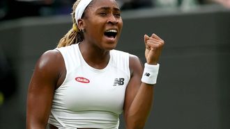 epa11460095 Coco Gauff of the USA celebrates after winning the Women's 3rd round match against Sonay Kartal of Britain at the Wimbledon Championships, Wimbledon, Britain, 05 July 2024. Gauff won in two sets.  EPA/TIM IRELAND  EDITORIAL USE ONLY