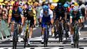 2023-07-08 16:58:08 Lidl - Trek's Danish rider Mads Pedersen (L) cycles to the finish line ahead of Jumbo-Visma's Belgian rider Wout Van Aert (2nd L), Team Jayco Alula's Dutch rider Dylan Groenewegen (3rd L) and Alpecin-Deceuninck's Belgian rider Jasper Philipsen (R) to win the 8th stage of the 110th edition of the Tour de France cycling race, 201 km between Libourne and Limoges, in central western France, on July 8, 2023. 
Marco BERTORELLO / AFP